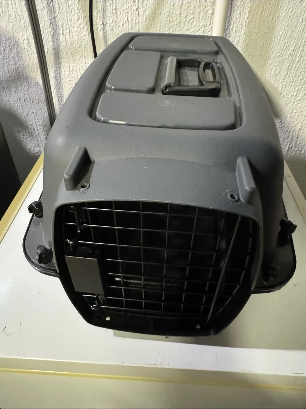 Grey Plastic Pet Carrier with Black Wire Door